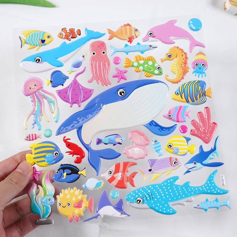 SHANLE Wholesale Double-Layer Ocean World Puffy Sticker Cartoon Sea Animal Fish Whale Shark Dolphin Deco 3D Foam PVC Sticker