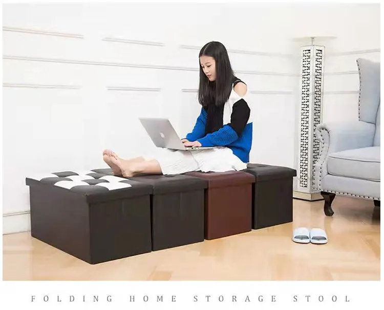 Hot Selling Factory Collapsible Storage Holders & Racks Ottoman Dining Table Chairs PU With Button Storage Stool For Bedroom