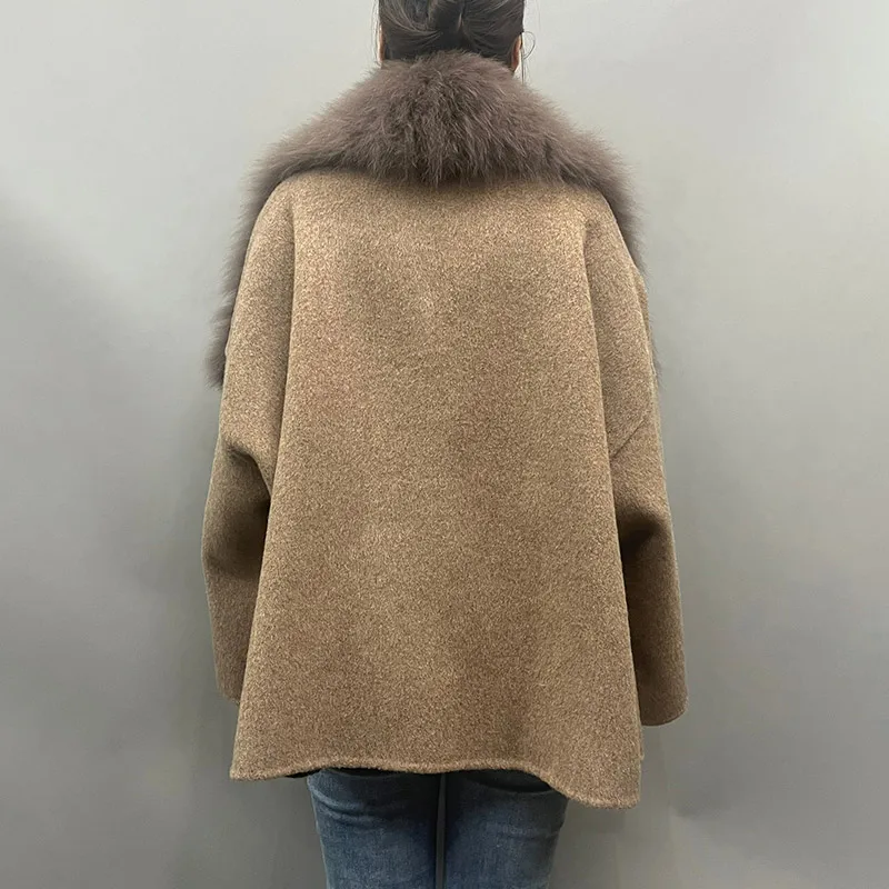 2024 Lady Fashion Luxury Large Lapel Real Fox Fur Trimming Short Overcoat Elegant Winter Women Cashmere Wool Coat