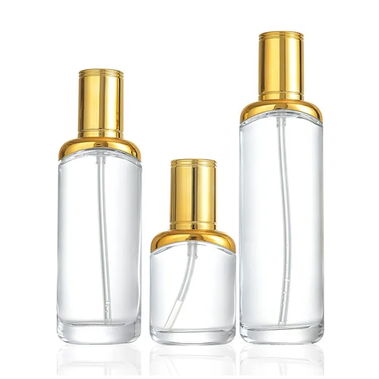 Hot selling luxury high-end Round Custom color 50ml 100ml 120ml clear Golden glass Blush emulsion foundation liquid bottle
