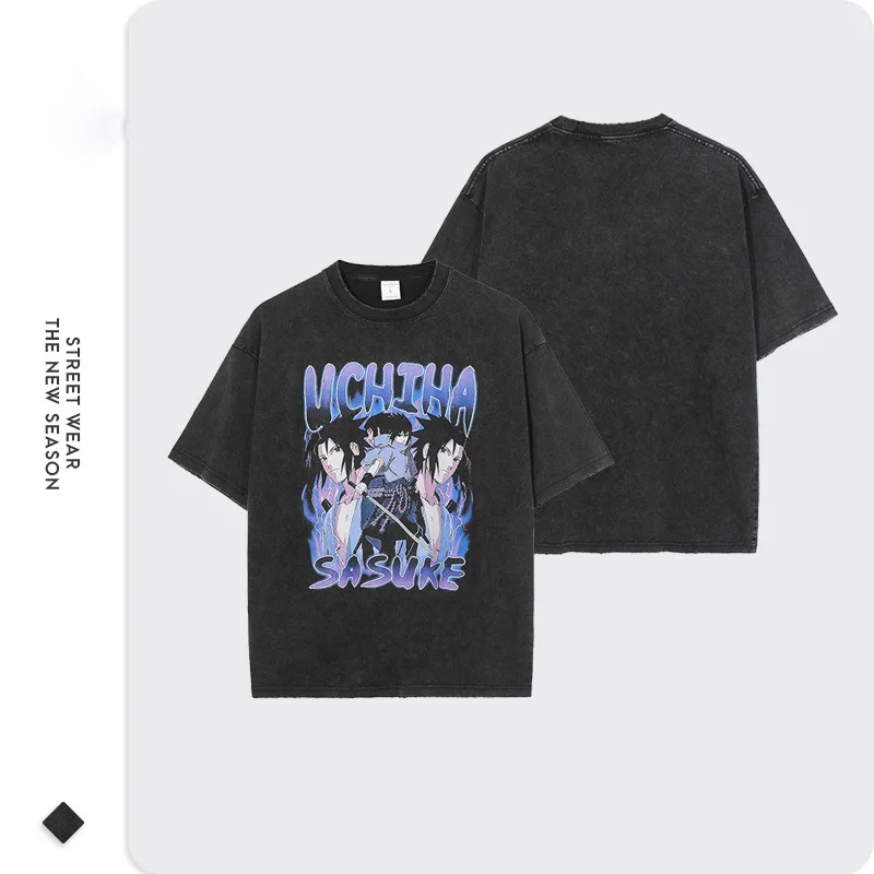 Harajuku Japan Style acid wash gray loose male graphic t-shirt anime game print pure cotton male short sleeves