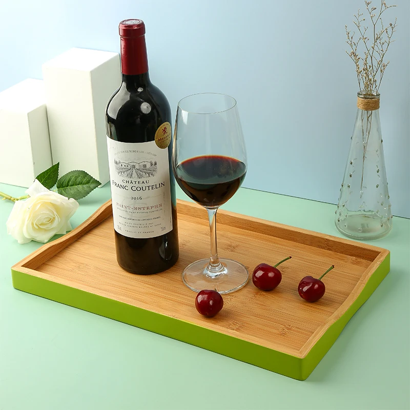 Large rectangle curve handle wooden platter bamboo serving tray with color edge
