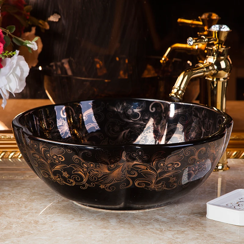 Artistic Black with Gold Floral Design wash basin Ceramic Counter Top Wash Basin Bathroom Sinks bathroom washbasin cabinets