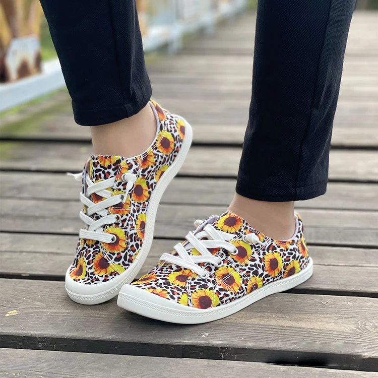 Fashion Flat Canvas Sneakers Sunflower Printed Casual Canvas Trendy Shoes Women