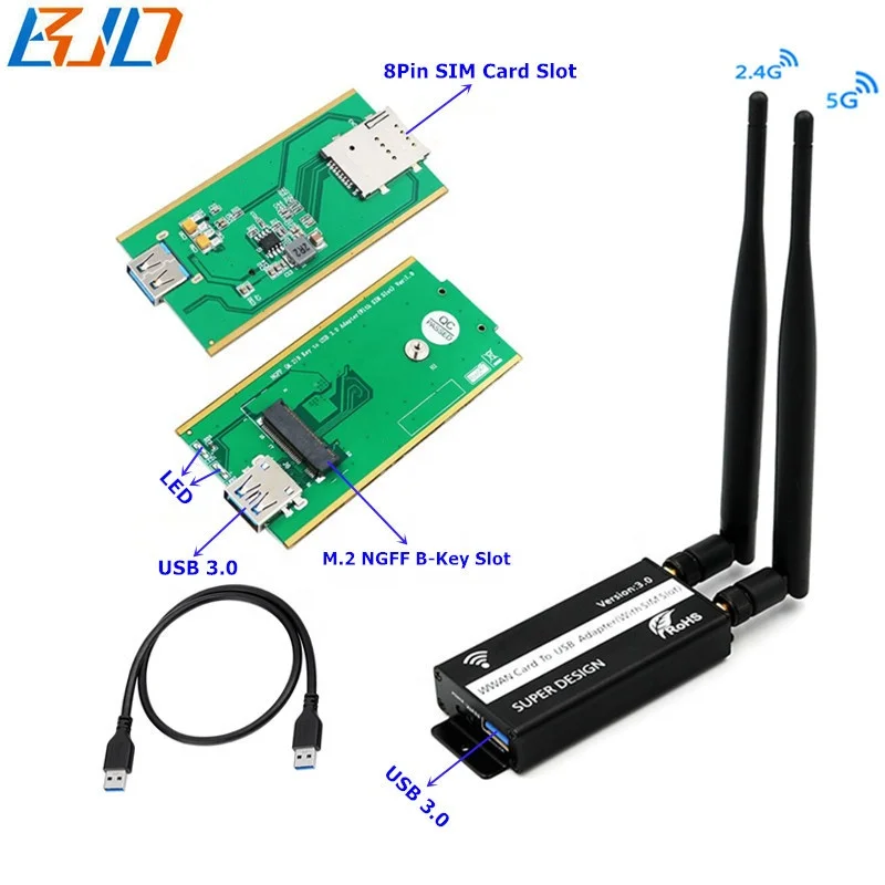 Laptop Desktop USB 3.0 to M2 NGFF M2 Key-B Adapter Dual Antenna Protection Case for GSM GPS GPRS 3G 4G LTE Modem Module