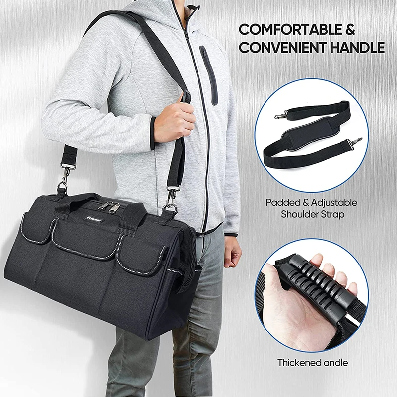 Custom Logo Heavy Duty Waterproof Oxford Fabric Multi-Pockets Wide Mouth Large Electrician Tool Bag with Shoulder Strap