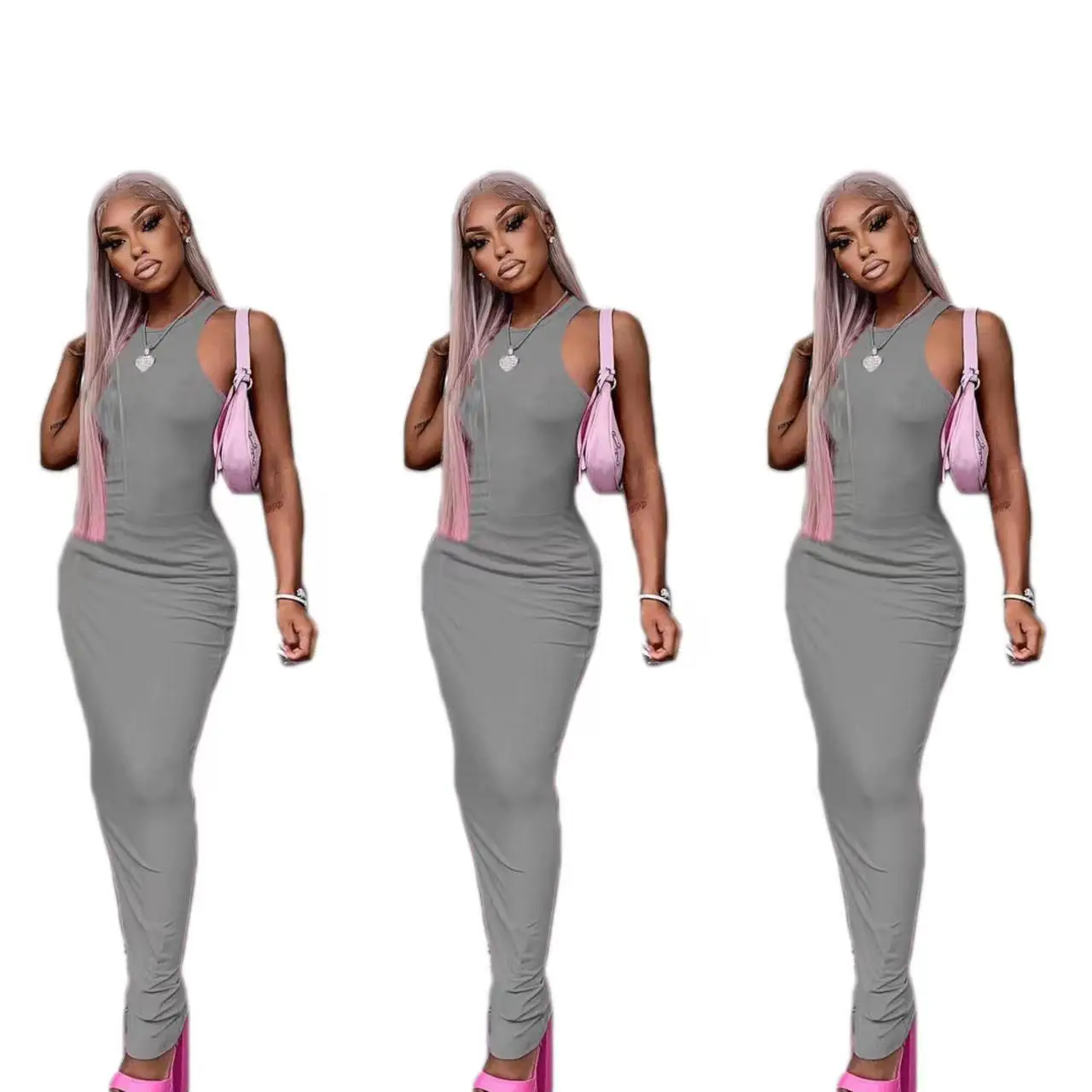 summer polyester spandex sleeveless long modest maxi dress ladies 2023 back split party lounge wear dress for women s clothing