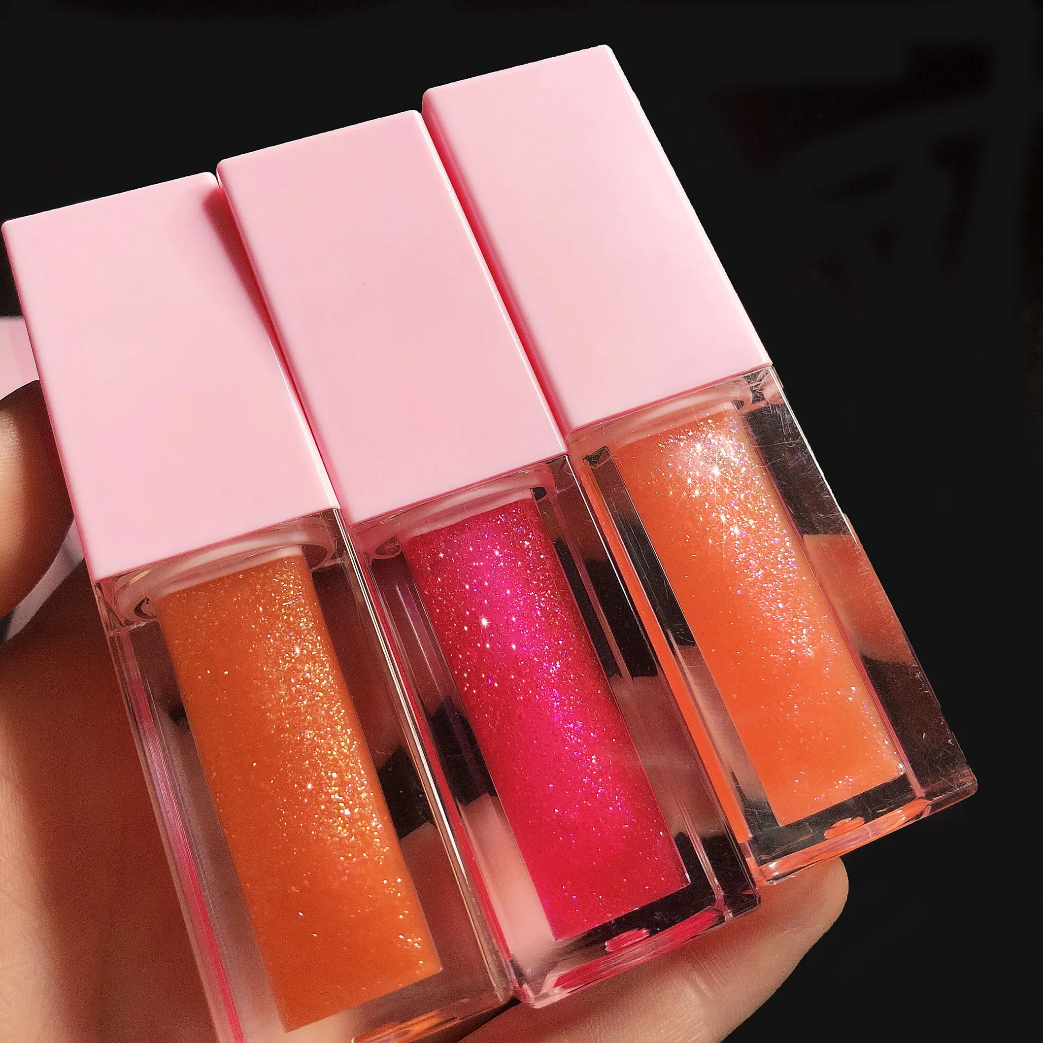 Wholesale cosmetics private label vegan lip treatment oil pink square tube shimmer lip oil