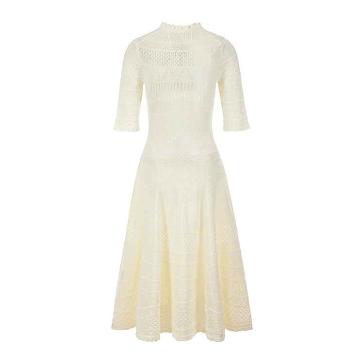 Knitwear manufacturers custom summer v neck beige mesh lace hollow out lace sweet  elegant casual   women knit sweater dress