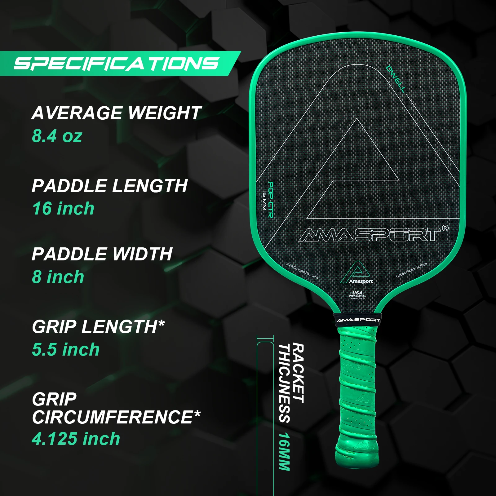 AMA Sport DWELL Custom Green Titanium T700 Raw Carbon Fiber Weave Thermoformed USAPA Pickleball Paddle with Elongated Handle