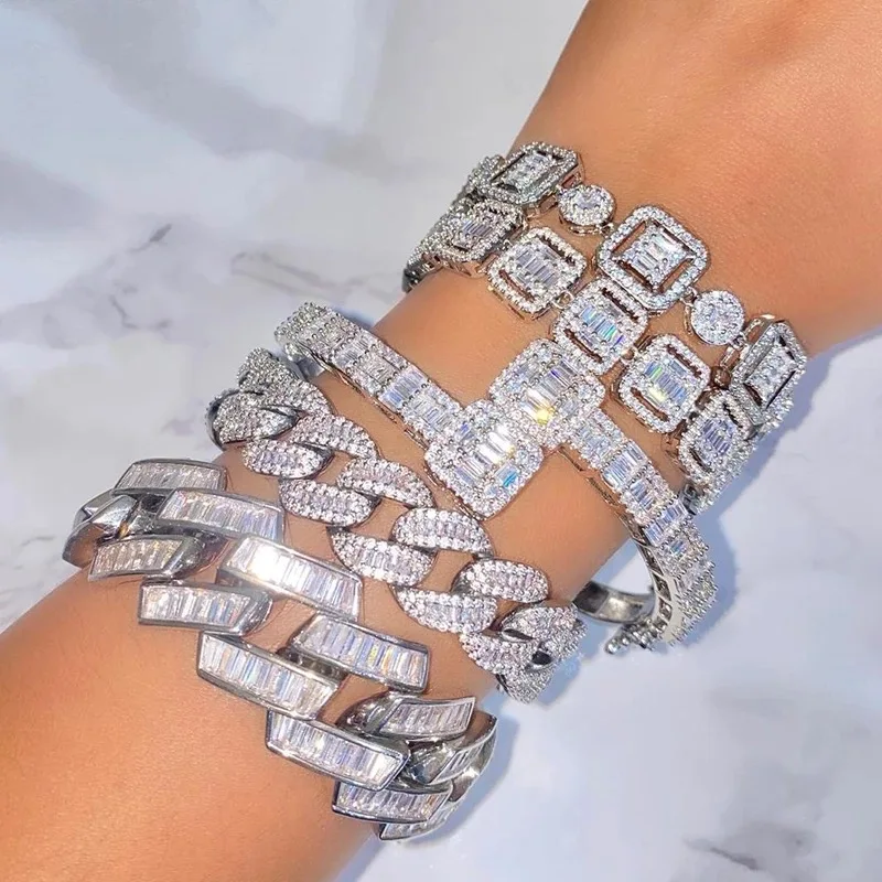 Hip Hop Jewelry Gold Plated Diamond Bracelet Iced Out Cubic Zircon Bracelet Jewelry Miami Baguette Bracelets Bangle For Women