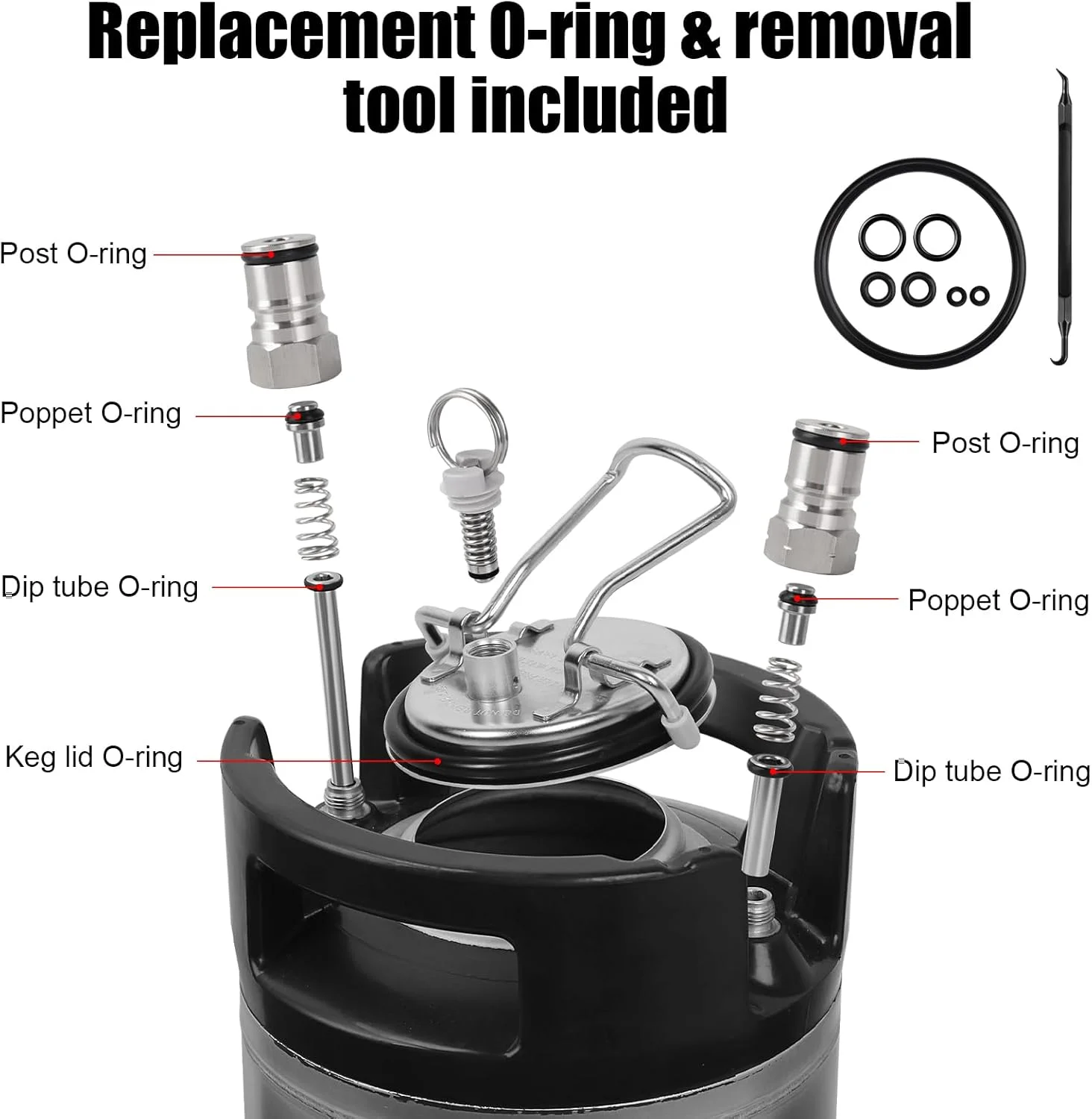 New 5 Gallon Ball Lock Keg, Stainless Steel Corny Keg with Ball Lock Post, Portable Mini Beer Keg with Dual Rubber Handle