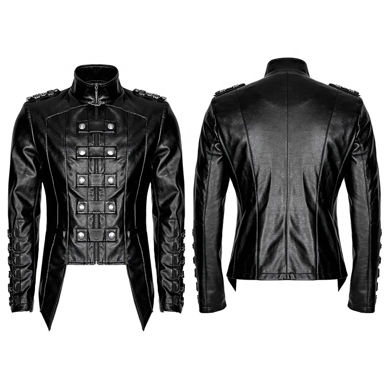 PUNK RAVE Y-746  Bright PU Stand Collar Metallic Zipper Up Men Leather Jacket