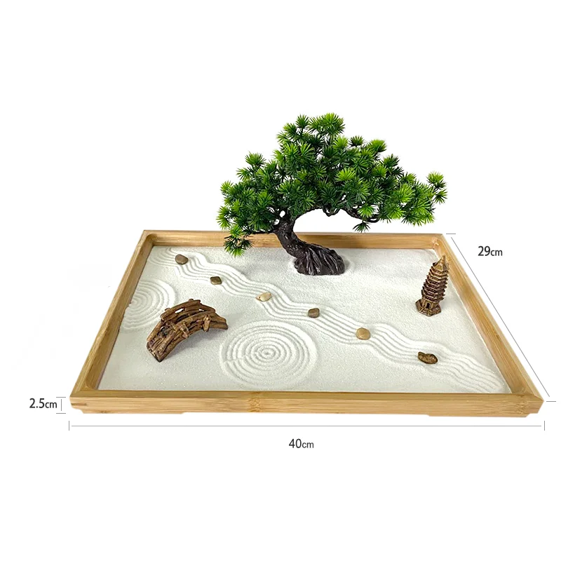 Custom 11.5*16*1 Inch Bamboo Feng Shui Japanese Mini Zen Sand Garden Kit With Pine Tree Bridge Tower Rake For Desktop