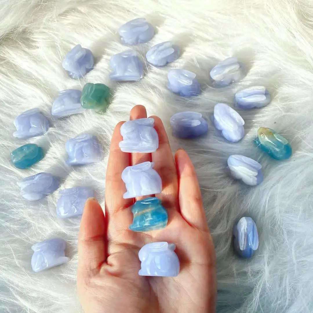 Hand Carved Natural Folk Crafts High Quality Blue Lace Agate Rabbit Crystal Animal For Christmas Items