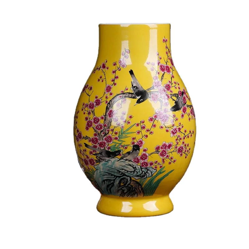 RZPE01-AE Yellow background cherry blossom and picapica bird porcelain vase