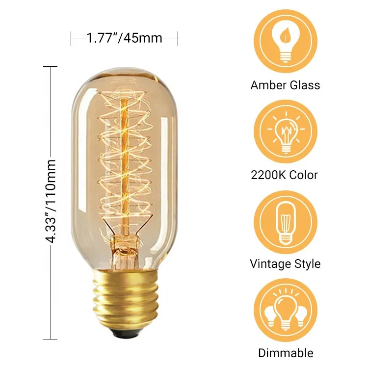 CE RoHS Dimmable янтарного цвета E27 Светодиодная лампа накаливания 25 Вт 40 Вт T45 светодиодные вольфрамовые лампы