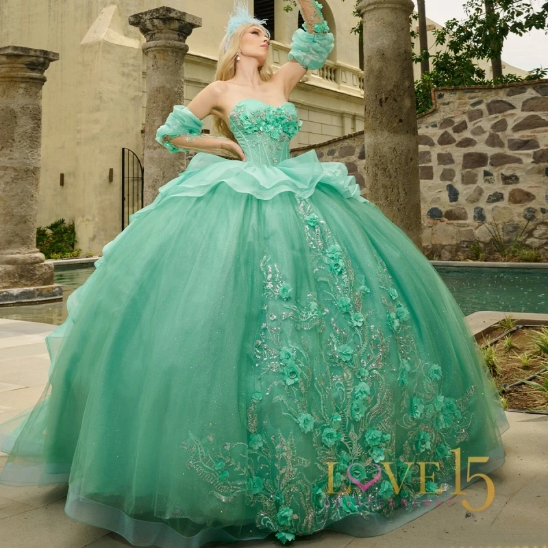 Mumuleo Милая принцесса мятно-зеленое бальное платье Quinceanera платья с открытыми плечами Цветы аппликация Vestidos Corset De 15 Anos