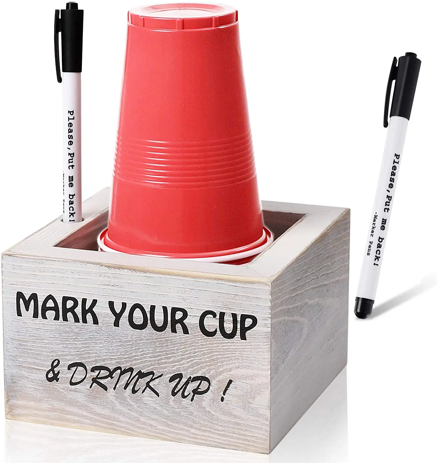 Outdoor Rustic Drink Caddy Dispenser Bar BBQ Decor Mark Your Cup and Drink up Wood Party Solo Cup Holder with Marker Slot