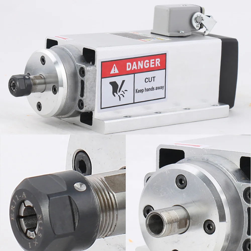 1.5kw ER11 Square Type Air Cooled Spindle Motor Ceramic Ball Bearings 24000rpm With Mounting Flange