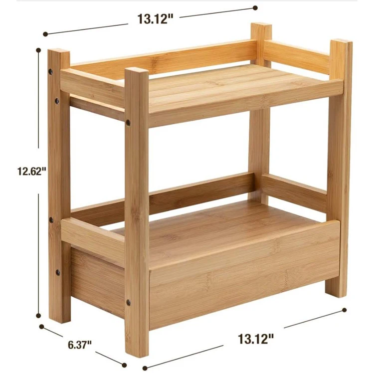 2-Tier Bamboo Wood Countertop Shelf with Drawer Makeup Organizer Desktop Display Stand for Kitchen Bathroom Vanity Counter