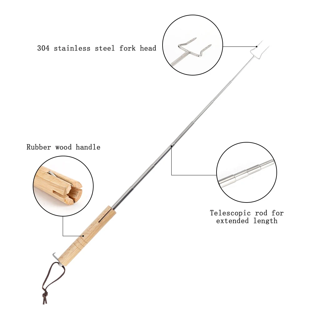 wholesale telescopic bbq marshmallow roasting stick barbecue fork with wooden handle