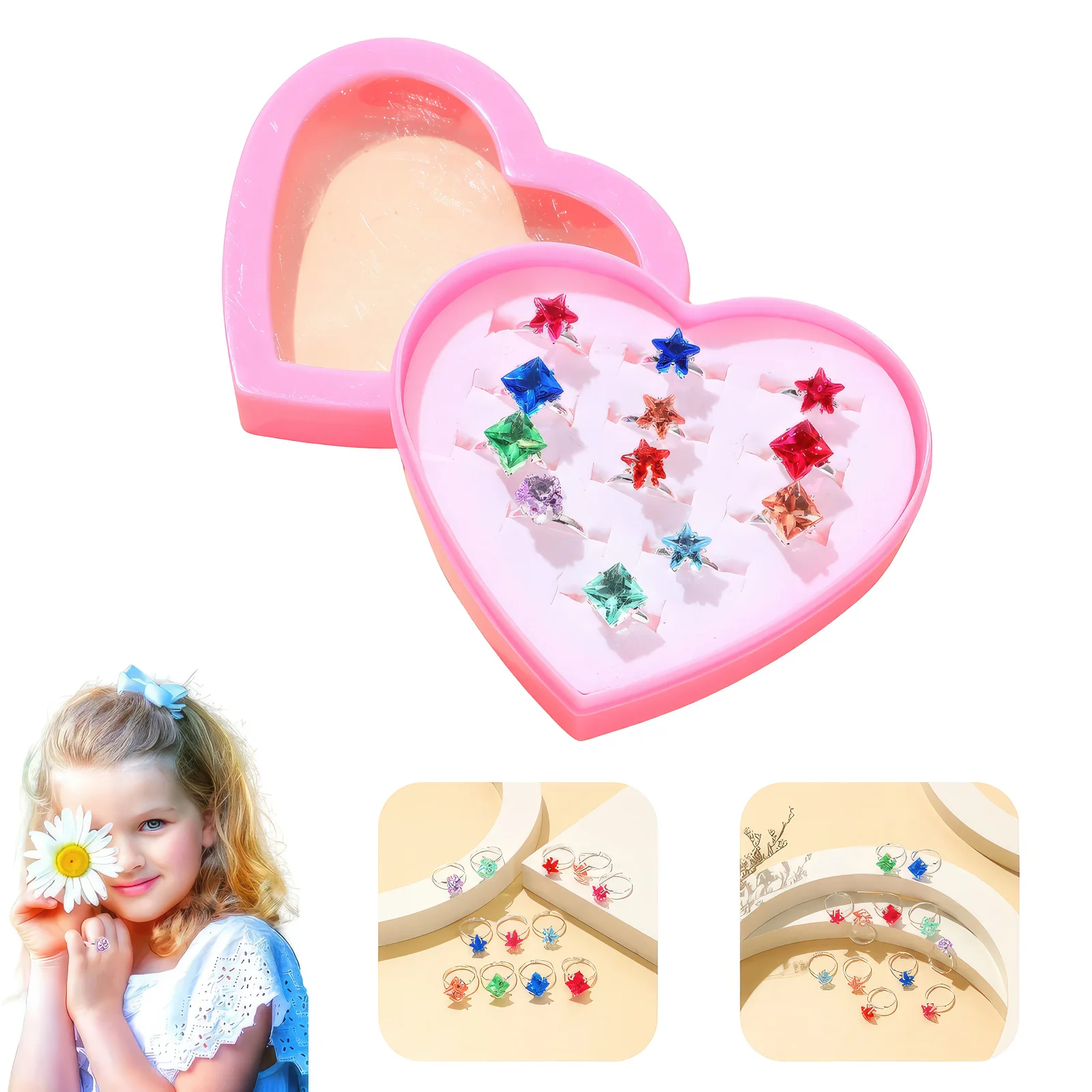 12pcs Little Girl Rhinestone rings Adjustable,Random Color Style Diamond Kids Play Rings in Box,Pretend Play and Dress Up Rings