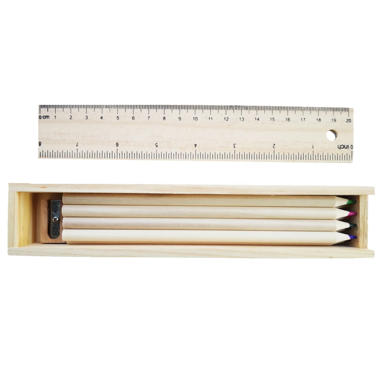 Wholesale 12 Natural Coating Wooden Color Pencil with Wooden Box, Sharpener and Ruler