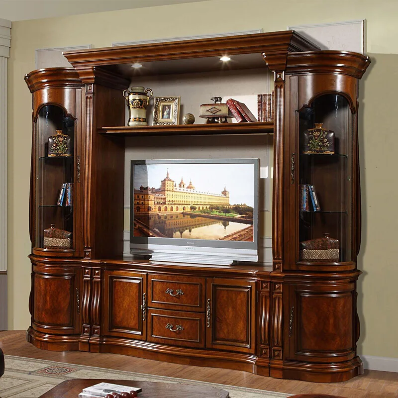 French Royal Solid Wood Top Quality TV Cabinet Stand With Showcase Luxury Living Room Furniture For Villa