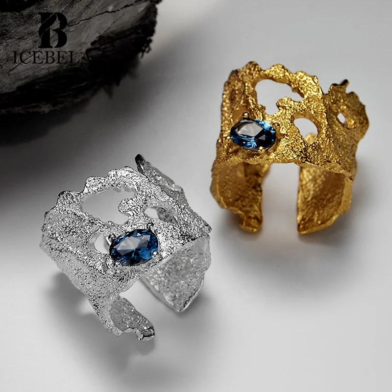 Cold Style Luxury Fashion Jewelry Noble Sapphire Ring Gold Plated Irregular Geometric Hollow Out S925 Silver Ring For Women