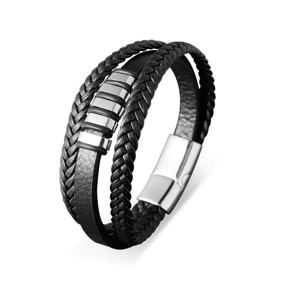 New arrivals  Magnetic Clasp 18.5CM 20.5CM 22CM  Genuine Leather Multi Layer Wrap men bracelet leather
