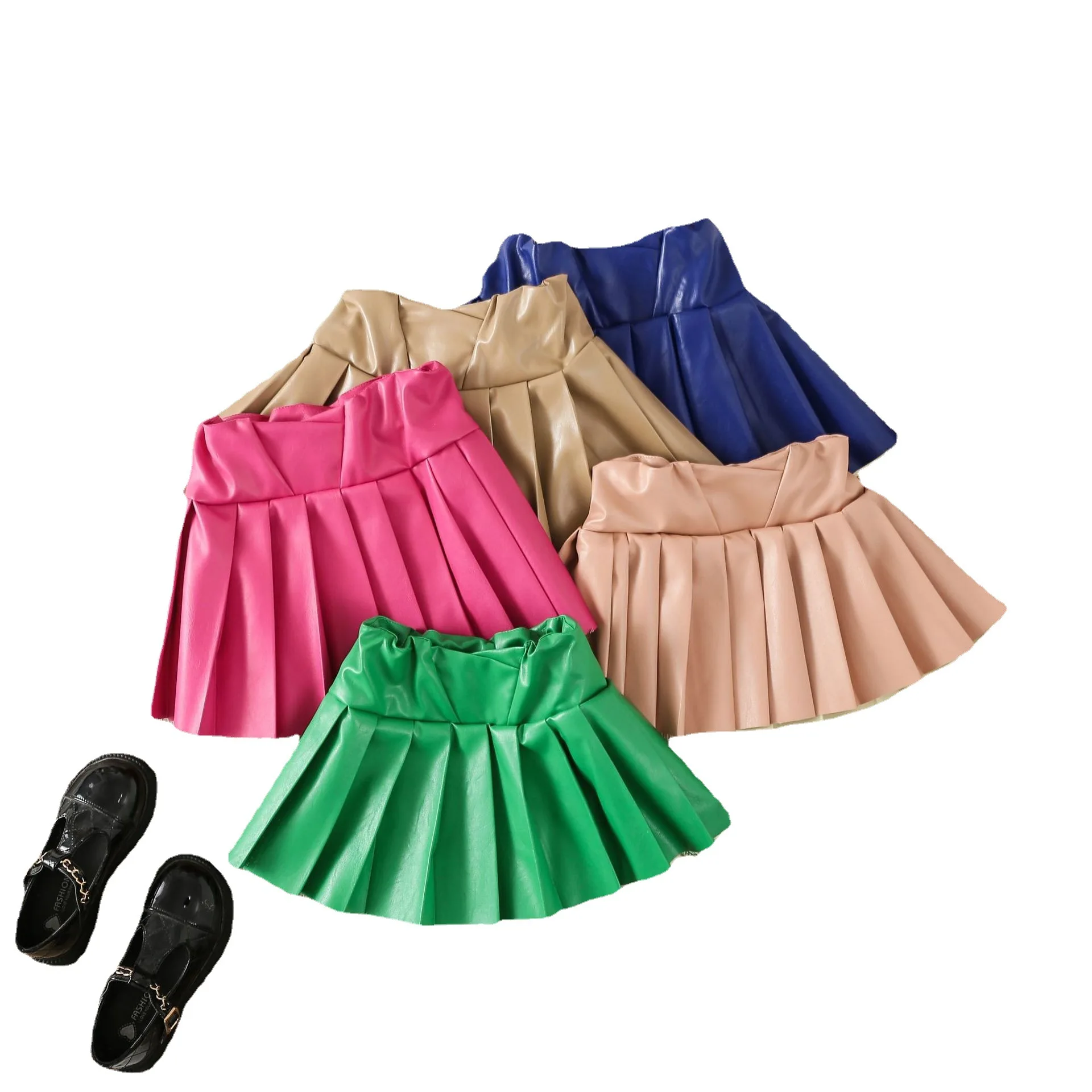 New Fashion Children Leather Skirt Girl Solid Color Girl Pu Leather Pleated Mini Skirt Kids Shorts Skirts Wholesale