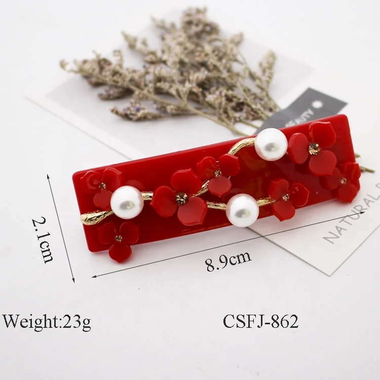 
French Style Fashion Colorful Hair Clips Acetate Pearl Rhinestone Flower Hair Barrettes For Women 