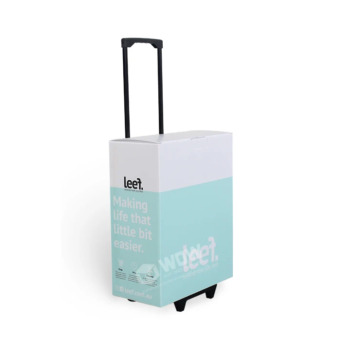Recyclable Exhibiting Cardboard Trolley Box Cheapest Movable Cardboard Retail Suitcase Advertising Box