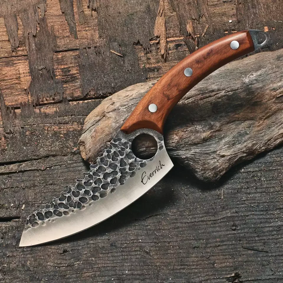 Customized Serrated Edge Cleaver Butcher Chef Knife Stainless Steel Chopping Kitchen With Leather Sheath