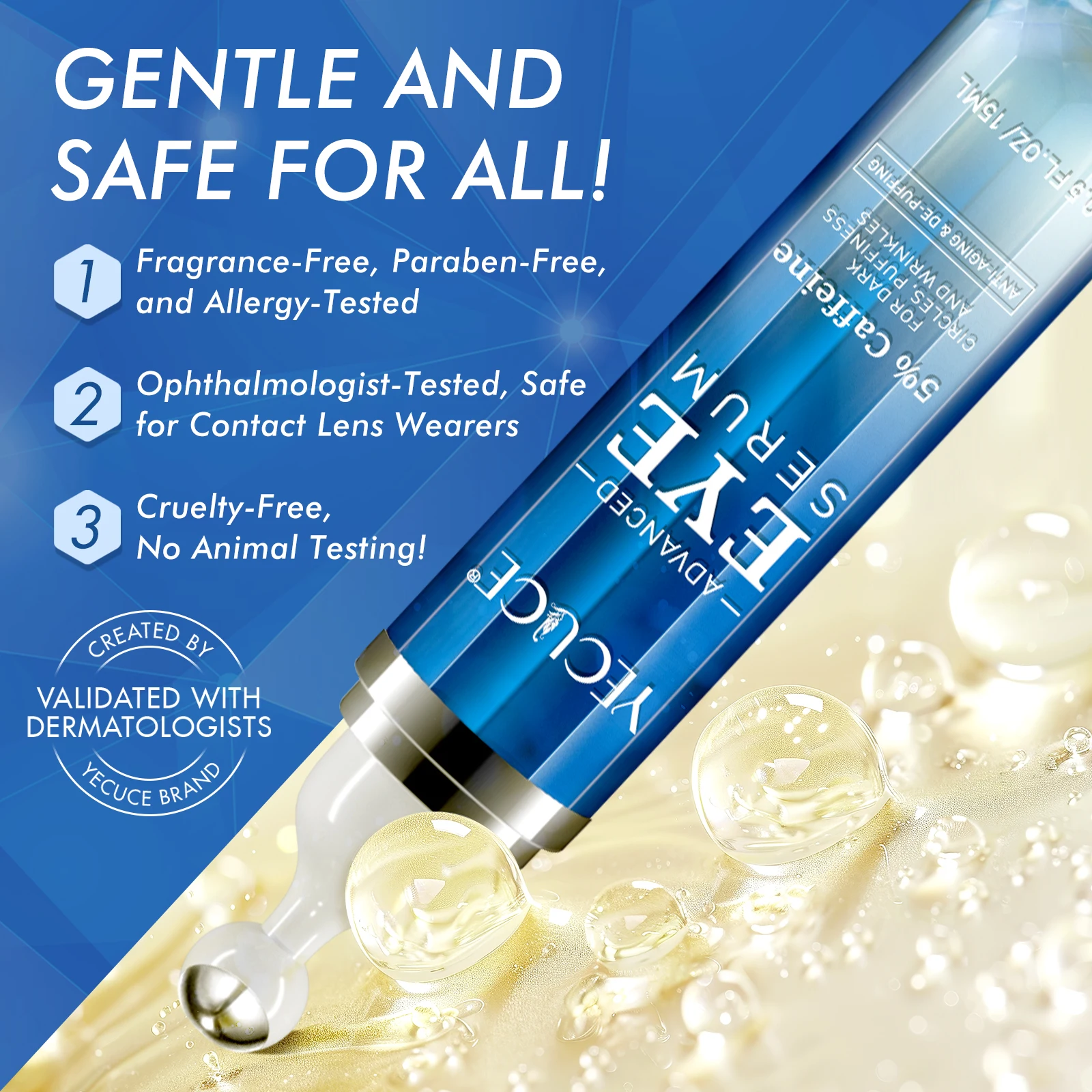 YECUCE 15ml Eye Cream Advanced Under Eye Serum with Caffeine Retinol Hyaluronic Acid for Puffy Eye Bags Dark Circles Wrinkles