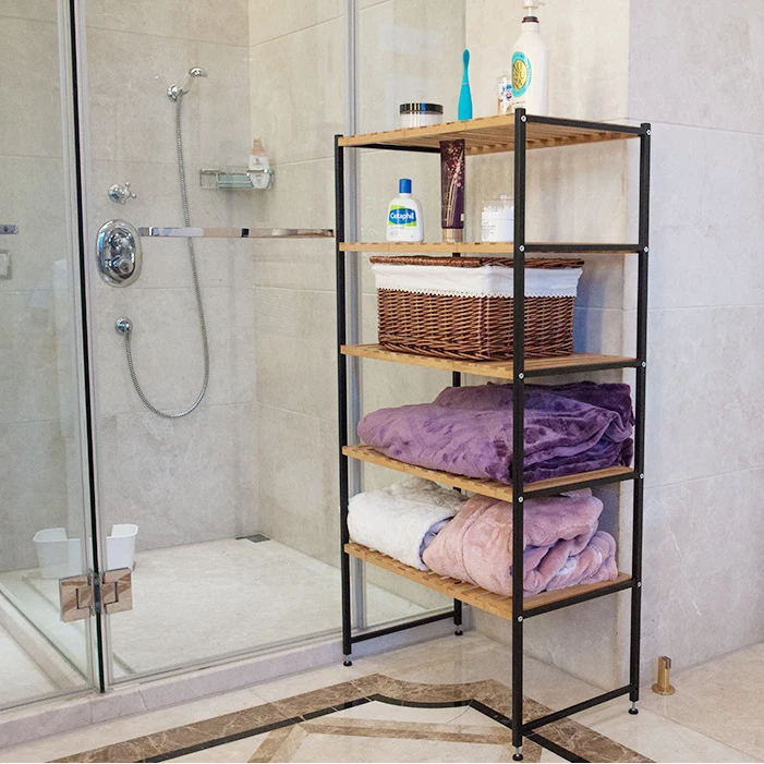 BAMBKIN Free Standing Natural 5-tier Plant Cloth Laundry  Bamboo Shelf Organizer