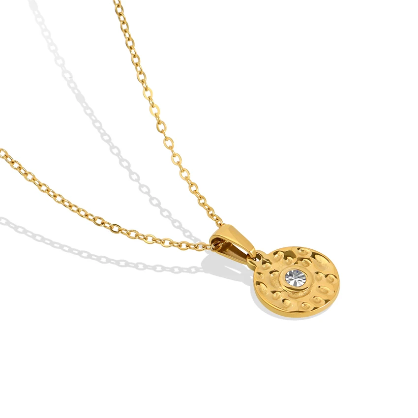 Vintage Jewelry Unique Crystal Gold Sunburst Coin Pendant Necklace Stainless Steel Double Side Cz Hammered Texture Necklace