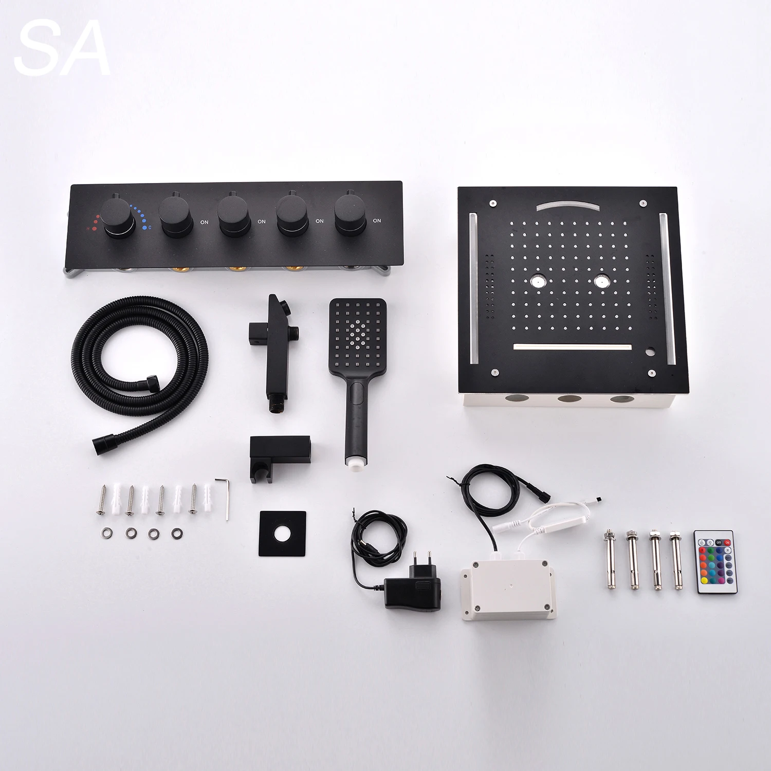 Luxury Bathroom Shower LED Black Stainless Steel Rain Shower Head Wall Mounted Tub Faucet Telephone Bluetooth Music Shower Set