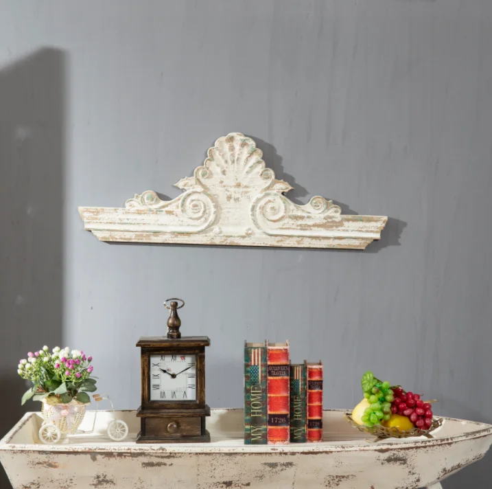 Vintage Living Room Home Accessories Rust Luxury Decorative Carving Wooden Pediment Sculpture Ornaments Wall Hanging Decorative