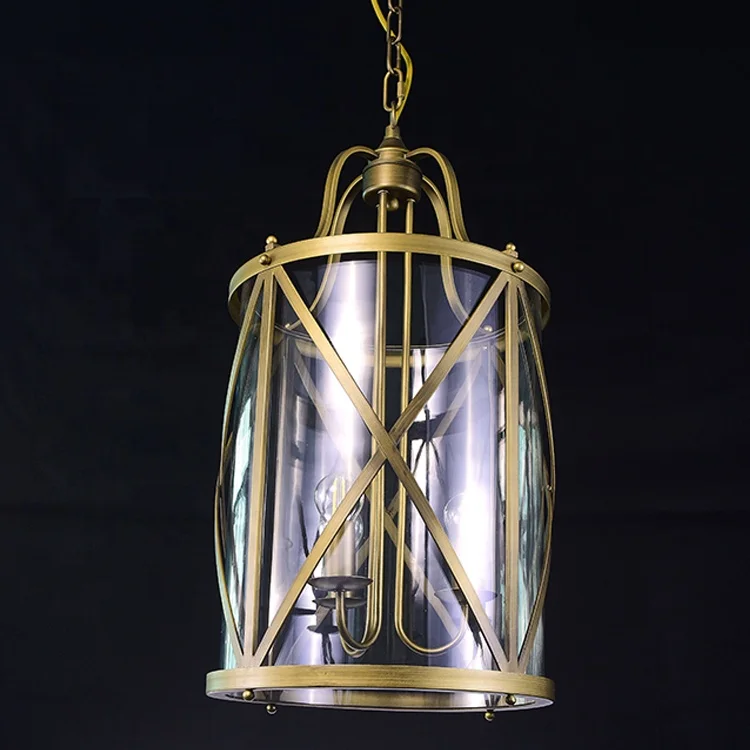 Contemporary european style indoor decorative with antique brass iron frame clear glass shade led chandelier pendant light