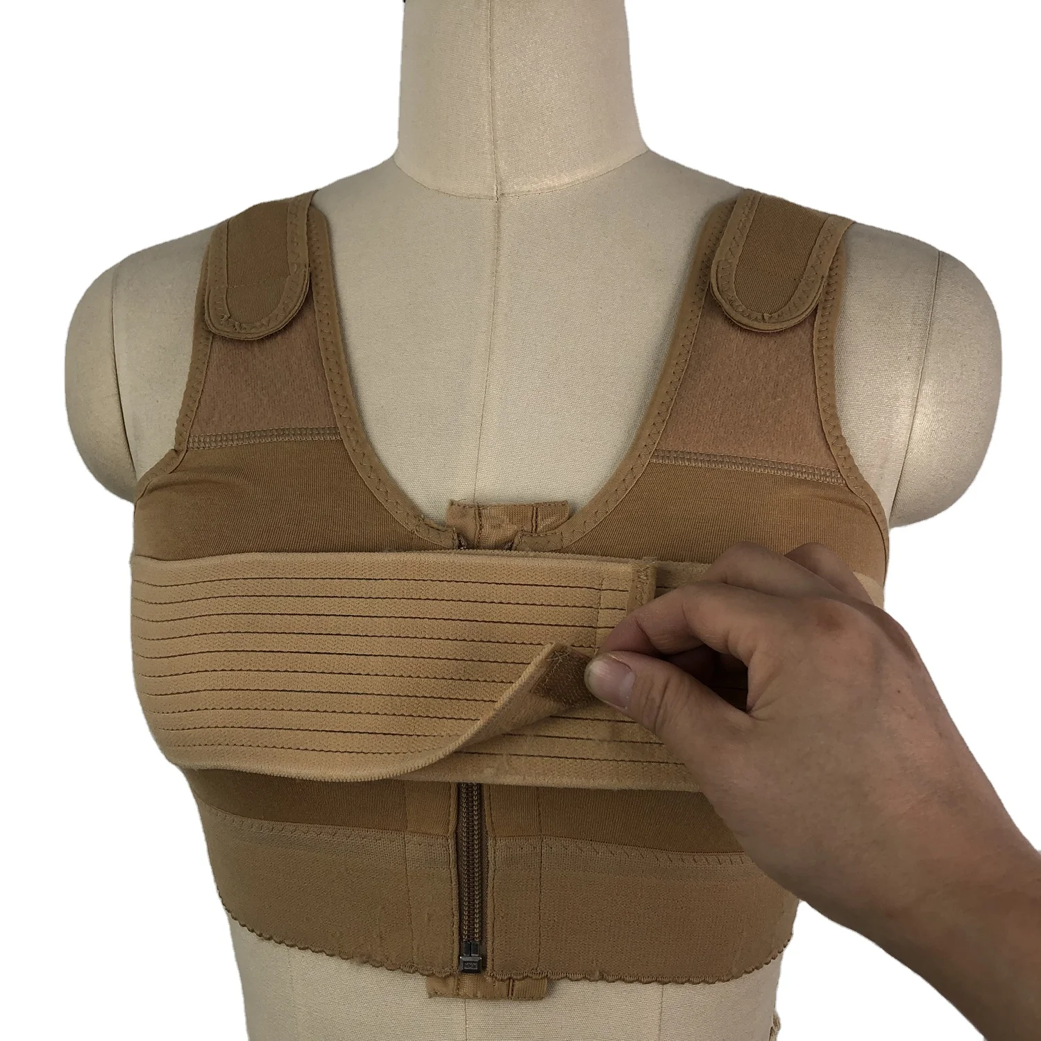 Popular Thailand Vietnam cotton post surgery compression bra with implant stabilizer band zip front closure Augmentation Bra