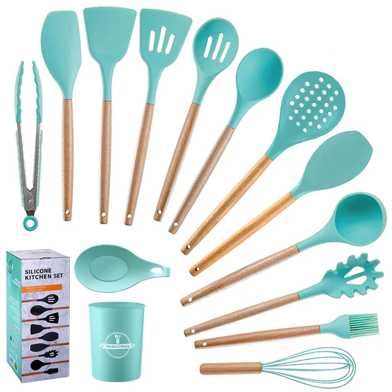 13 Pcs Silicon Food Grade Non Stick Spatula Set Wood Kitchen Tool Cooking Kitchen Silicone Utensils Set