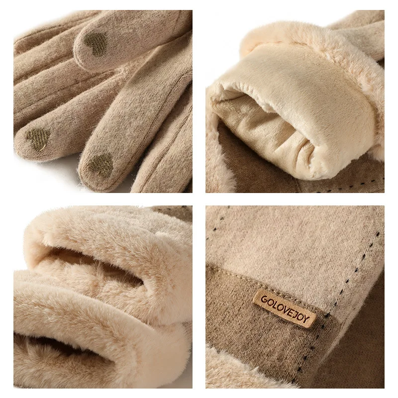 cashmere Women gloves windproof soft fur cuff cute embroidery touch screen winter bike riding gloves for ladies