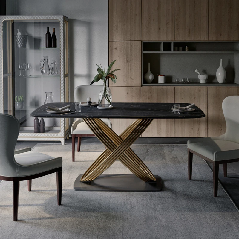 Modern furniture gold stainless steel white marble rectangular dining table