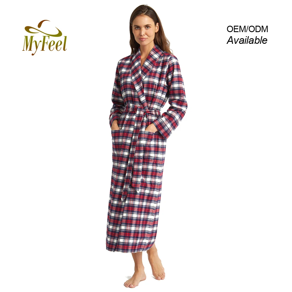 100% Brushed Cotton Red and Navy Tartan Gown Bath Robe for Women Peignoir de Bain Femme