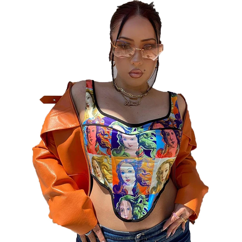 colorful head patterned waist tight vest 2021 womens tops summer sexy