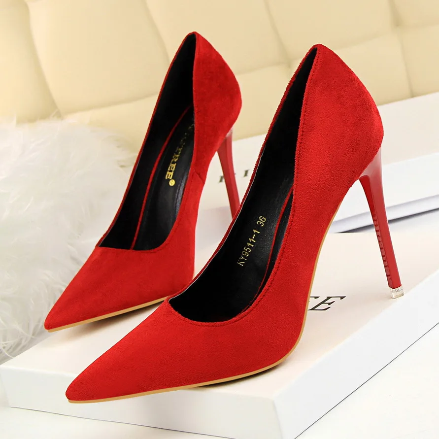 Faux Suede Classic Pumps Women Fashion Thin Heel Pointed Toe High Heels Female Party Dress Shoes Blue Beige Black Wine Red