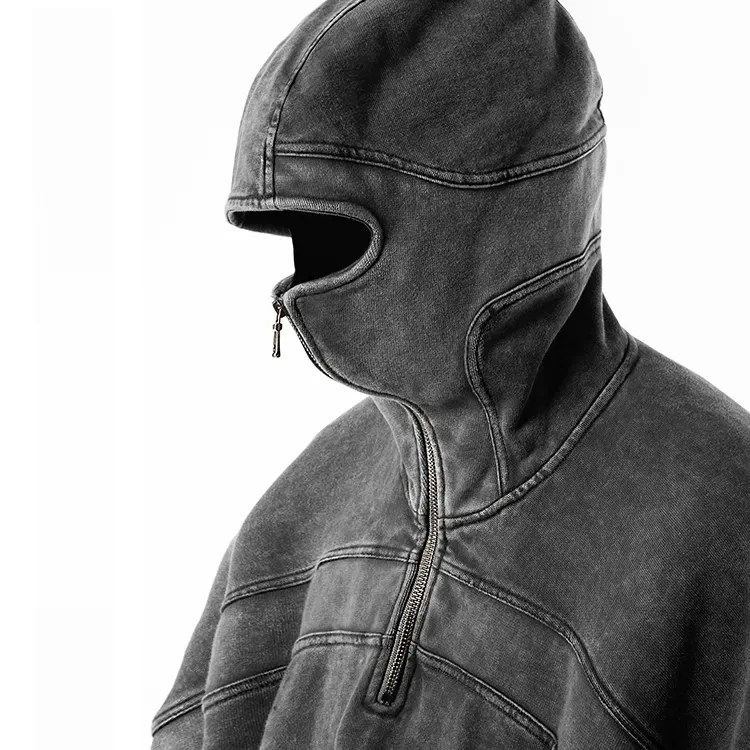 Manufacturer Wholesale Drop Shoulder Vintage Blank Hooded Sweater Custom Men Acid Wash Full Face Zip Up Hoodie With Eye Holes