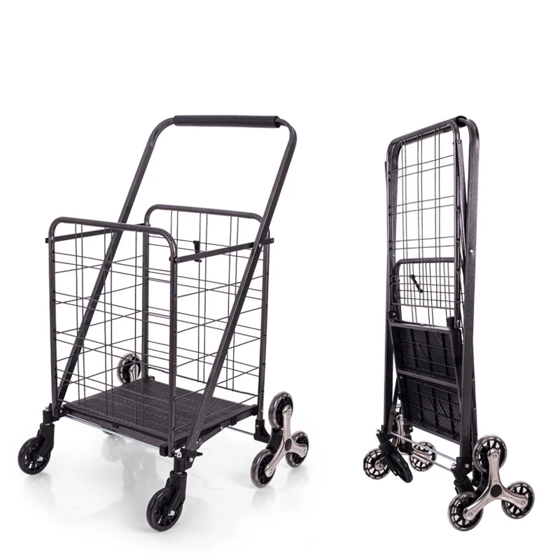 Economic Eco Friendly Black Foldable Basket Shopping Trolley Shopping Carts for Groceries With Metal Wire Basket